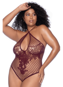 Body string grande taille en résille couleur cerise - MAL1115XCHRY